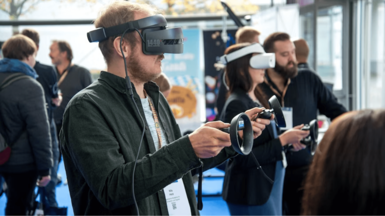 Group of people testing VR headsets at an event