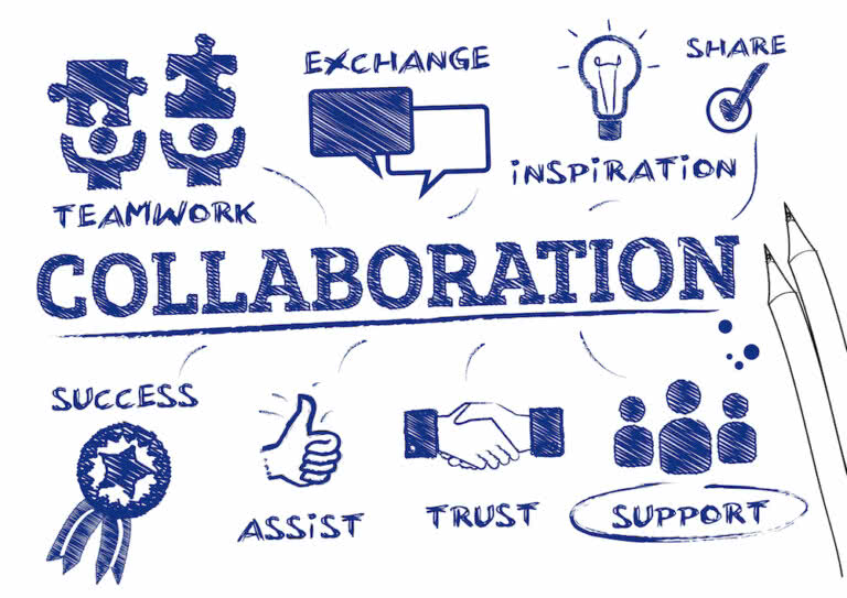 A hand-drawn illustration that depicts the benefits of collaboration. The word “collaboration” is written in the center of the image, in large, bold letters