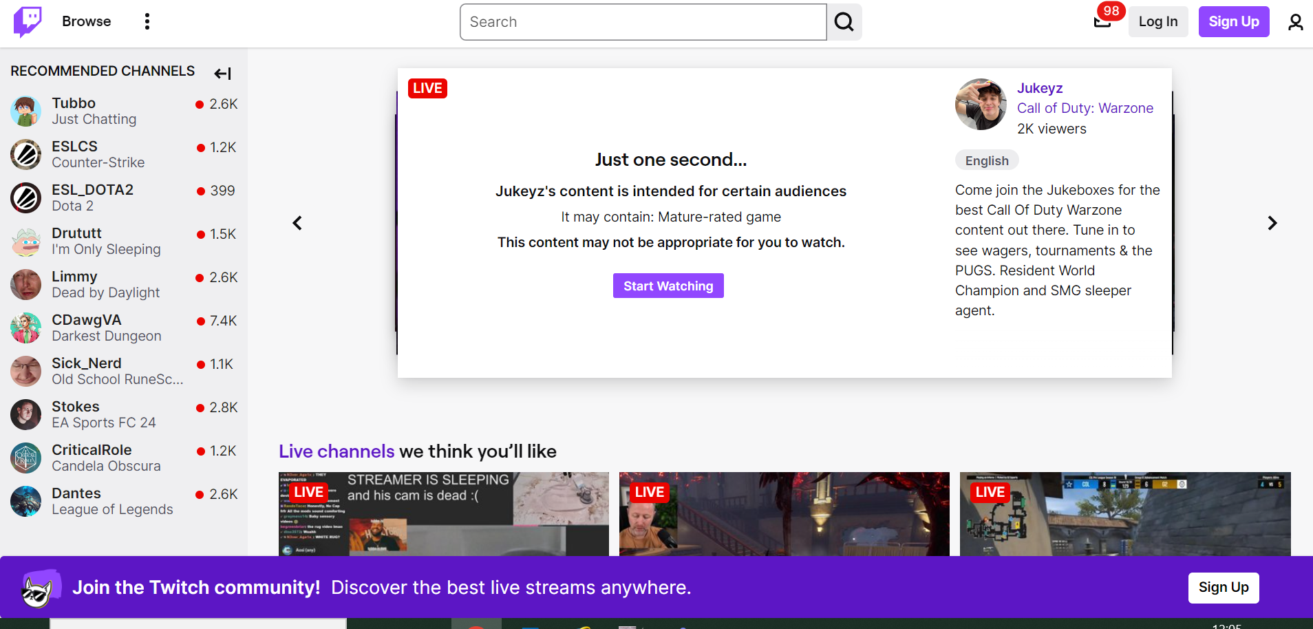 Screenshot of Twitch homepage