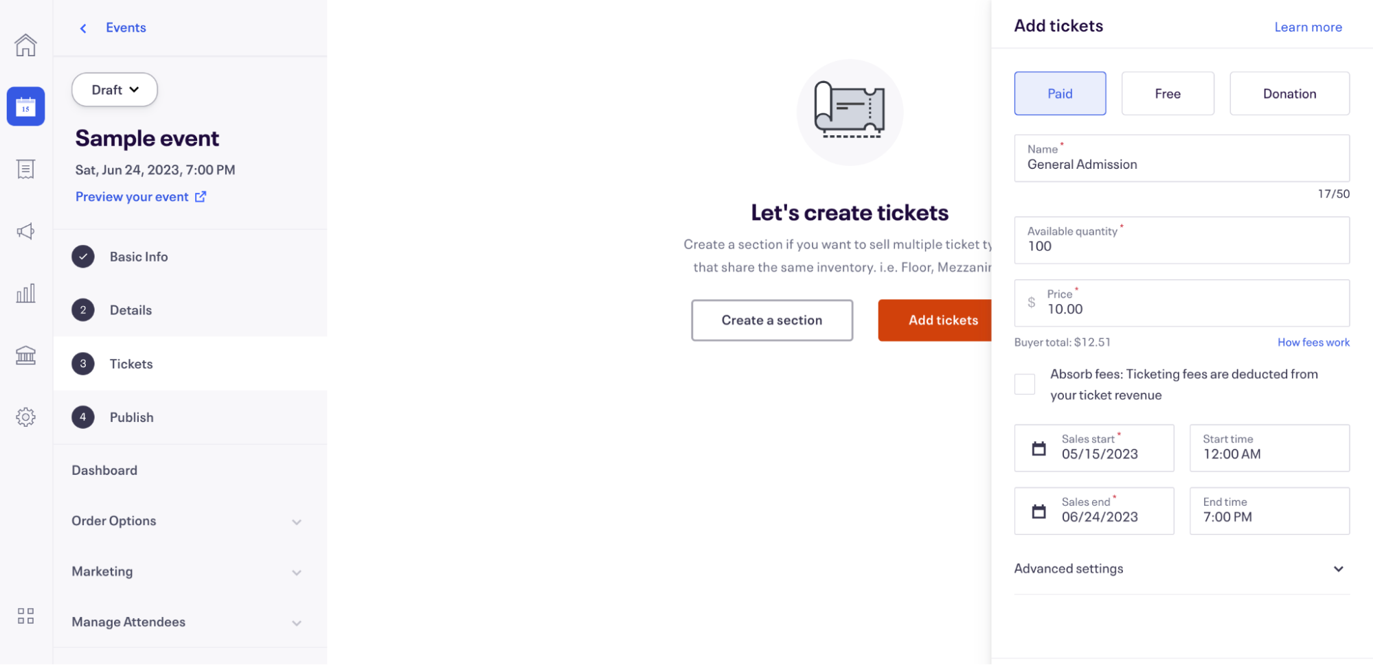 Screenshot of Eventbrite's ticketing system