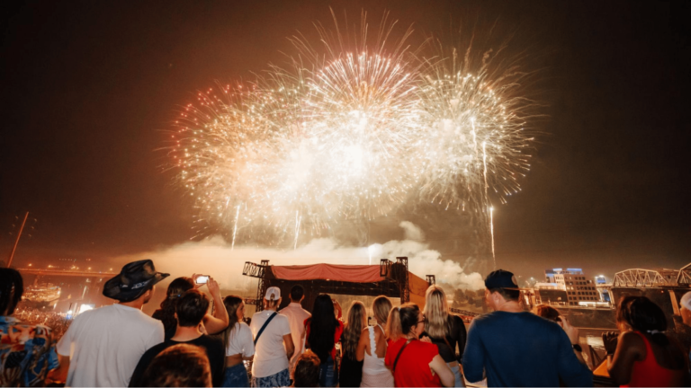 Guests stand and watch a fireworks display at a big event