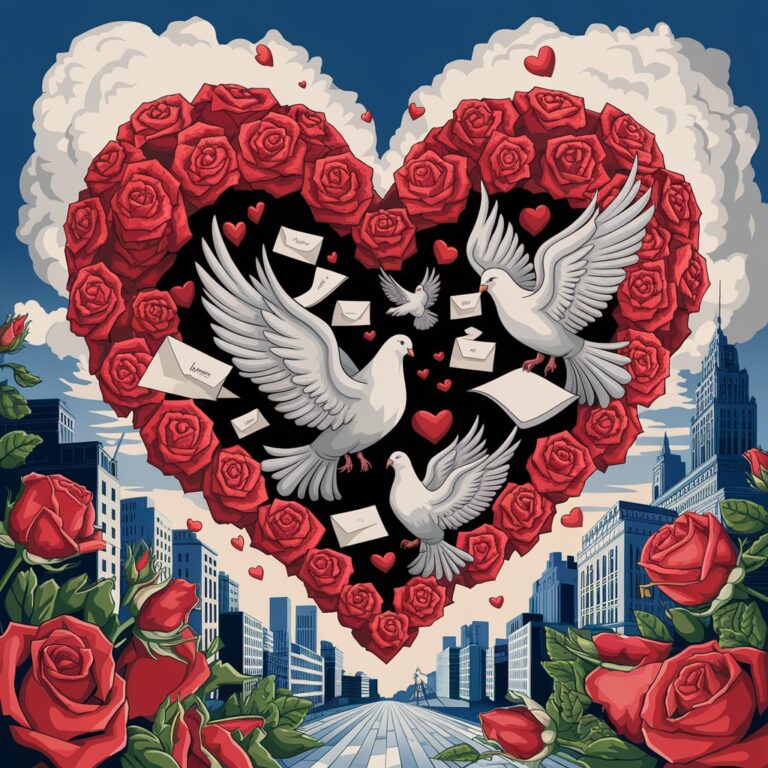 An artistic illustration of a heart made of roses. The heart is filled with doves and love letters. There are red roses around the heart. The background is a city with tall buildings. There is a blue sky with white clouds.