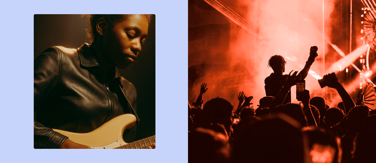 A musician plays guitar, as a crowd of music fans watch an act on stage. 